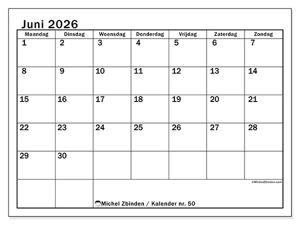 Kalender juni 2026 om af te drukken - Heldere planning