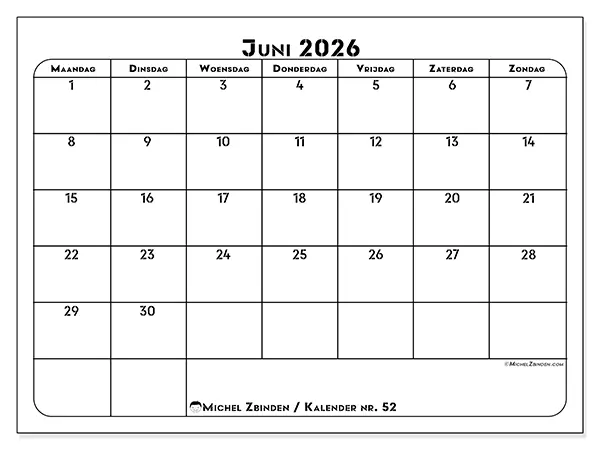 Kalender juni 2026 om af te drukken - Professionele organisatie