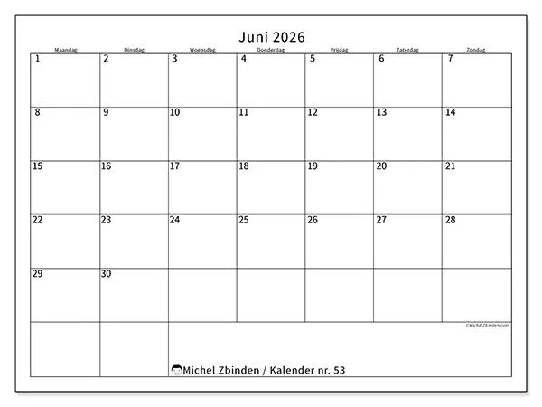 Kalender juni 2026 om af te drukken - Efficiënte agenda
