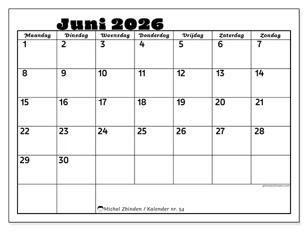 Kalender juni 2026 om af te drukken - Familieactiviteiten