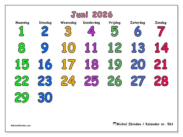 Kalender juni 2026 om af te drukken - Creatieve momenten