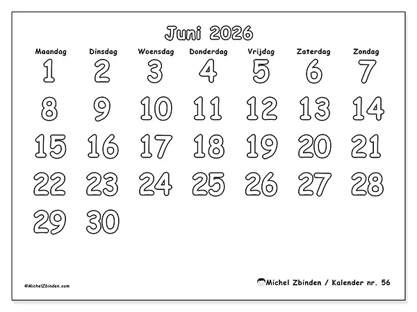 Kalender juni 2026 om af te drukken - Nuttig kleuren