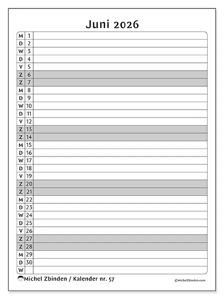 Kalender juni 2026 om af te drukken - Activiteitenlijst