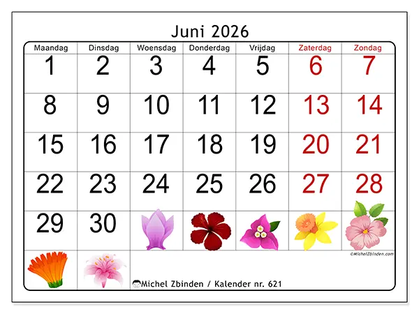 Kalender juni 2026 om af te drukken - Grote bloemen
