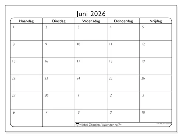 Kalender juni 2026 om af te drukken - Werkorganisatie
