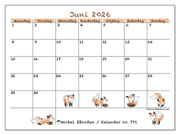 Kalender juni 2026 om af te drukken - Vossentekeningen