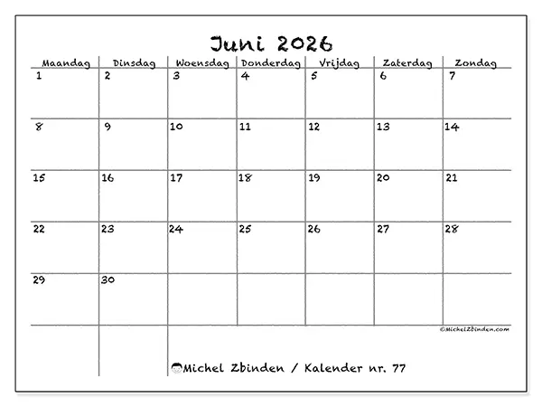 Kalender juni 2026 om af te drukken - School en familie