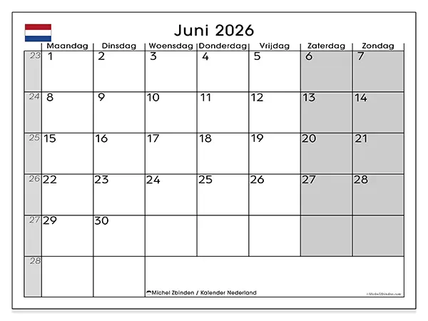 Kalender juni 2026 om af te drukken - Nederland