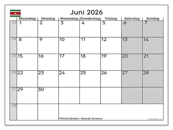 Kalender juni 2026 om af te drukken - Suriname