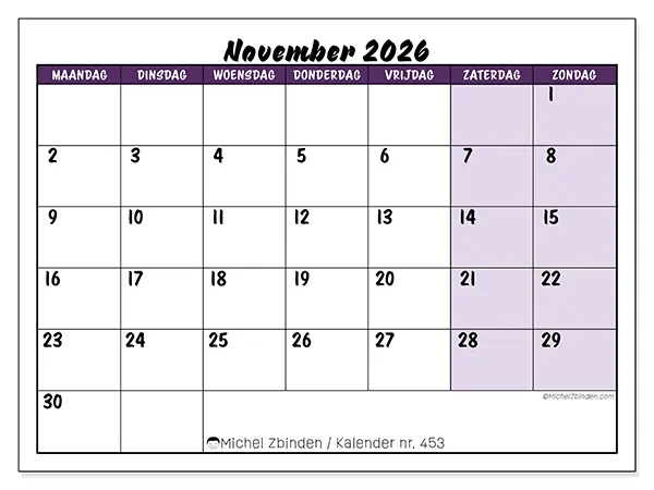 Kalender november 2026 om af te drukken - Kleurrijke taken