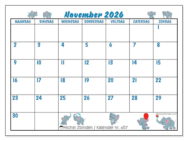 Kalender november 2026 om af te drukken - Kleine olifanten