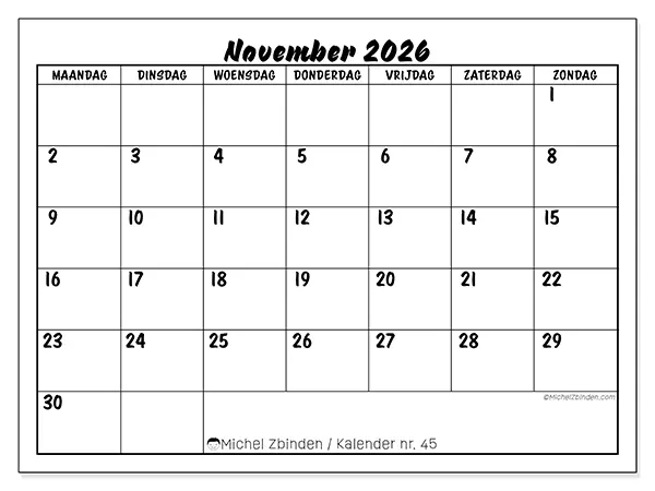 Kalender november 2026 om af te drukken - Schoolsucces