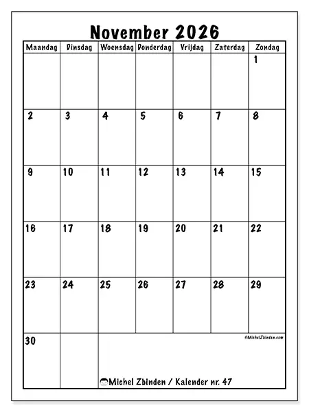 Kalender november 2026 om af te drukken - Efficiënte planning