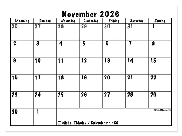 Kalender november 2026 om af te drukken - Volledige planning