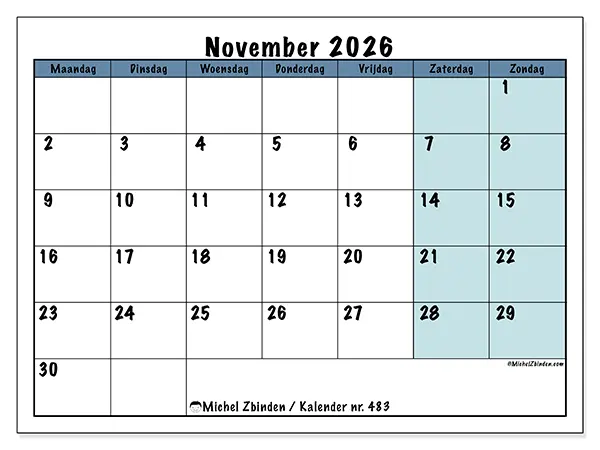 Kalender november 2026 om af te drukken - Structuur voor school
