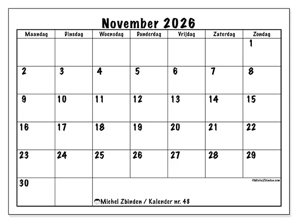 Kalender november 2026 om af te drukken - Dagelijkse planning