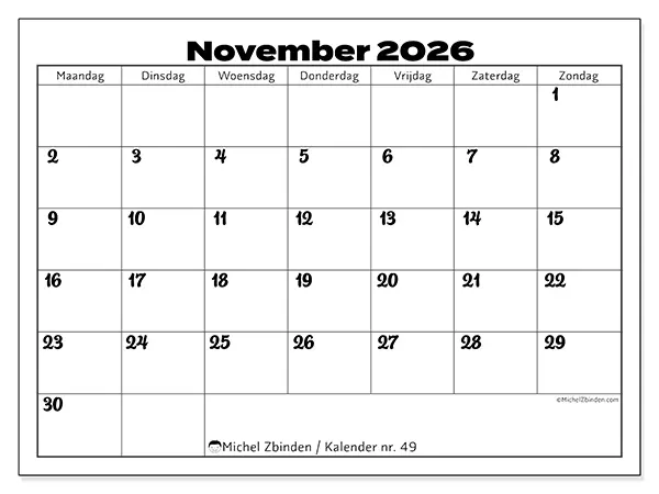 Kalender november 2026 om af te drukken - Productieve coordinatie