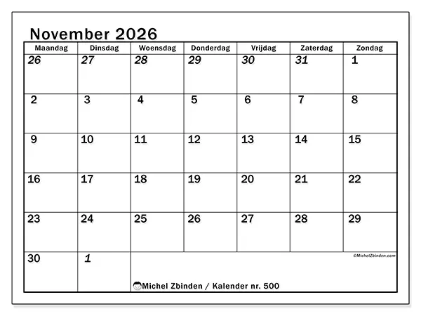 Kalender november 2026 om af te drukken - Intensieve planning