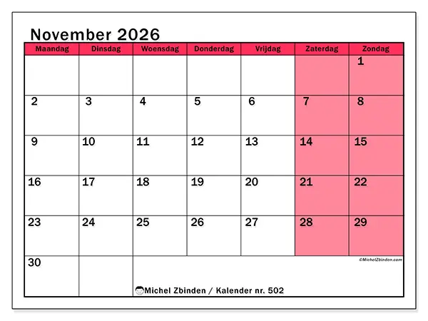 Kalender november 2026 om af te drukken - Heldere organisatie