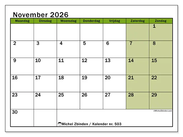 Kalender november 2026 om af te drukken - Levendige organisatie