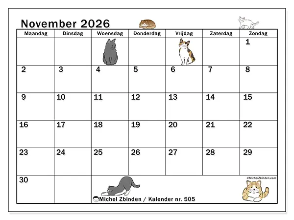 Kalender november 2026 om af te drukken - Kattenleven