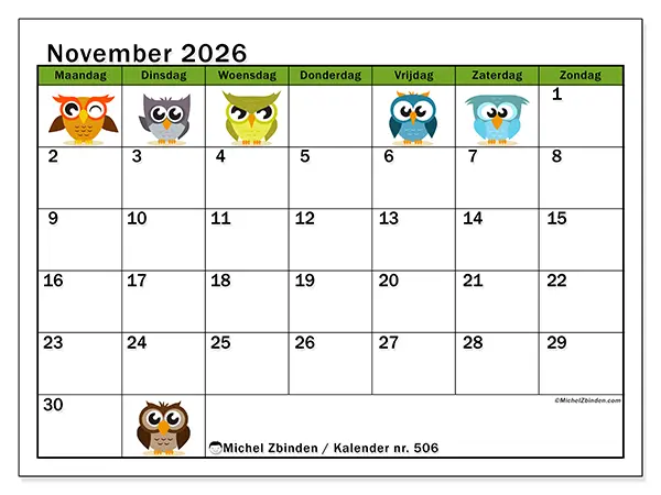 Kalender november 2026 om af te drukken - Grappige uilen