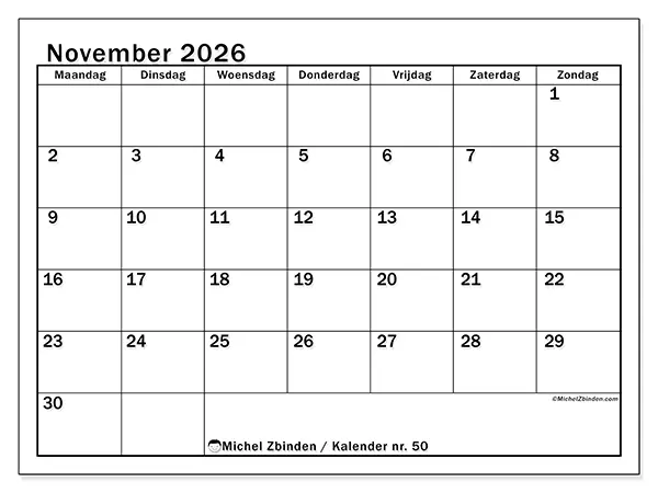 Kalender november 2026 om af te drukken - Heldere planning