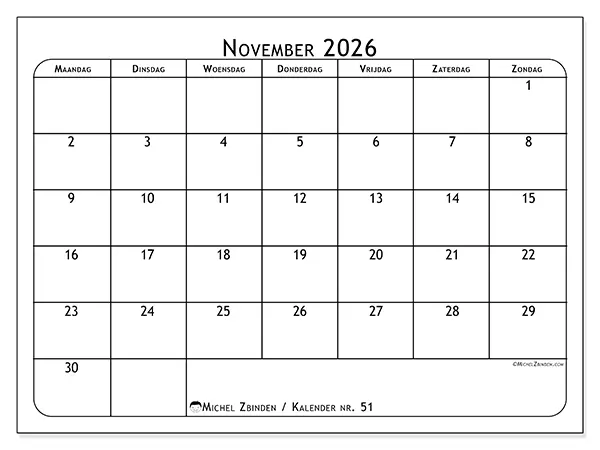 Kalender november 2026 om af te drukken - Maaltijdplanner