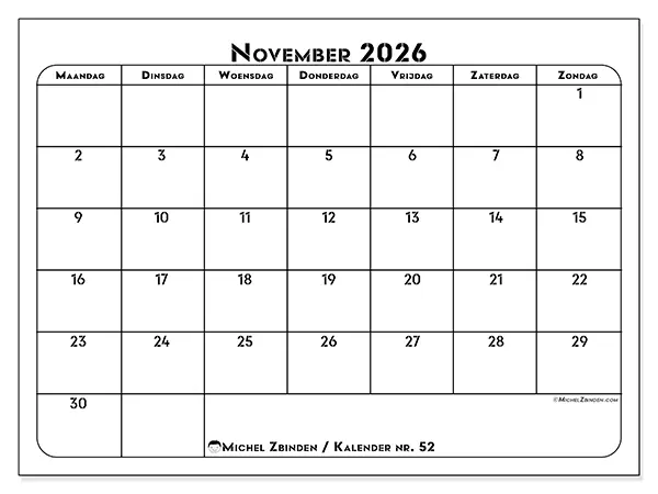 Kalender november 2026 om af te drukken - Professionele organisatie