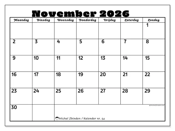 Kalender november 2026 om af te drukken - Familieactiviteiten