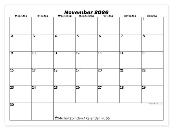 Kalender november 2026 om af te drukken - Organisatie van vrije tijd
