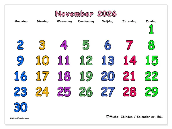 Kalender november 2026 om af te drukken - Creatieve momenten