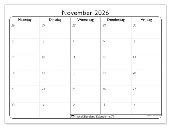 Kalender november 2026 om af te drukken - Werkorganisatie