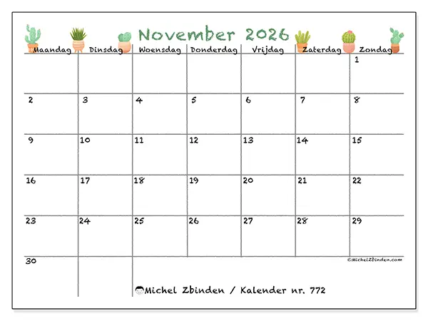 Kalender november 2026 om af te drukken - Decoratieve cactus