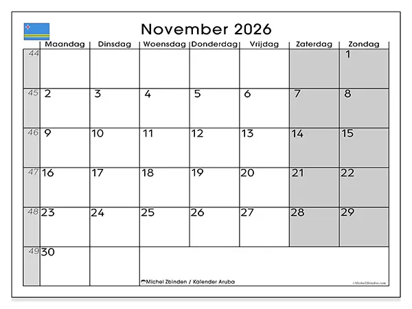 Kalender november 2026 om af te drukken - Aruba