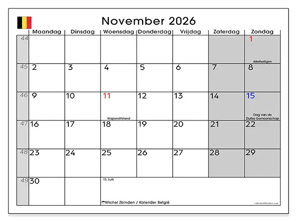 Kalender november 2026 om af te drukken - België