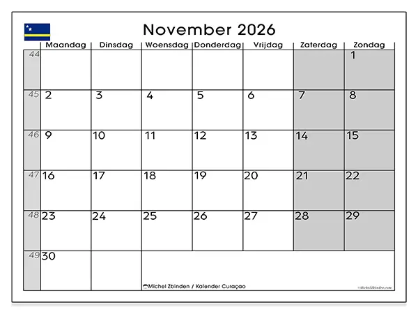 Kalender november 2026 om af te drukken - Curaçao