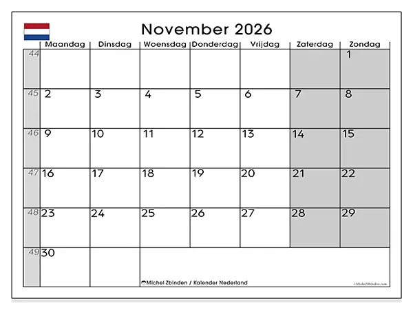 Kalender november 2026 om af te drukken - Nederland