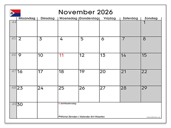 Kalender november 2026 om af te drukken - Sint Maarten