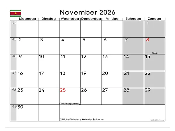 Kalender november 2026 om af te drukken - Suriname