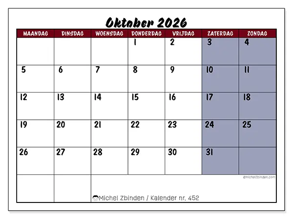 Kalender oktober 2026 om af te drukken - Taken in kleur