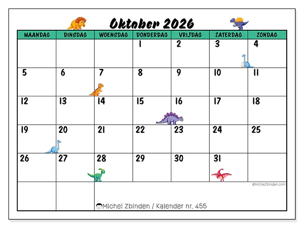 Kalender oktober 2026 om af te drukken - Kleine dinosaurussen