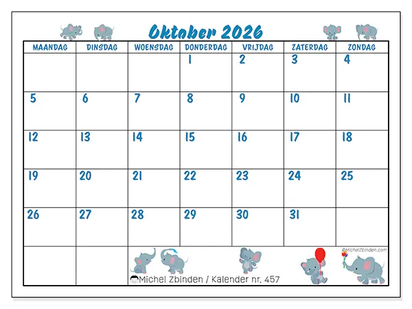 Kalender oktober 2026 om af te drukken - Kleine olifanten