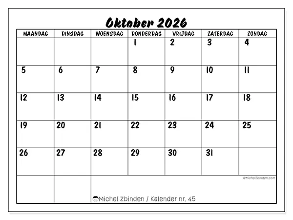 Kalender oktober 2026 om af te drukken - Schoolsucces
