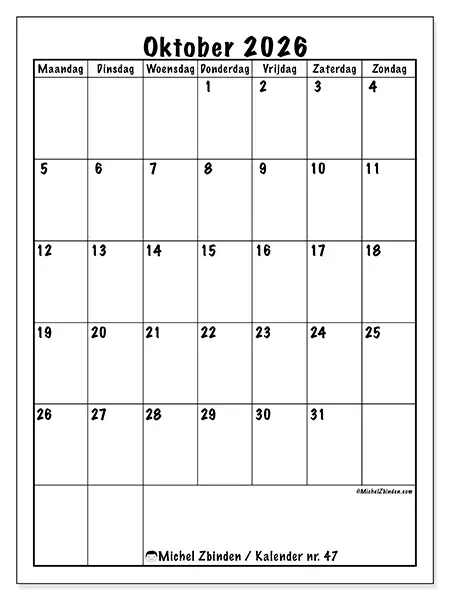 Kalender oktober 2026 om af te drukken - Efficiënte planning