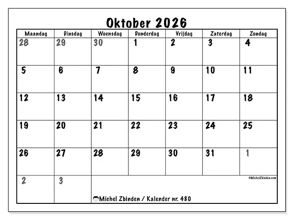 Kalender oktober 2026 om af te drukken - Volledige planning