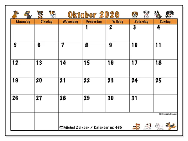 Kalender oktober 2026 om af te drukken - Enthousiaste honden
