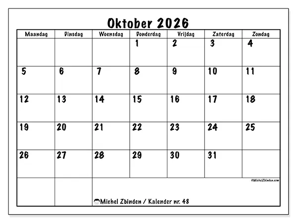 Kalender oktober 2026 om af te drukken - Dagelijkse planning