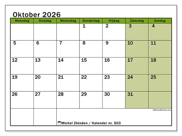 Kalender oktober 2026 om af te drukken - Levendige organisatie
