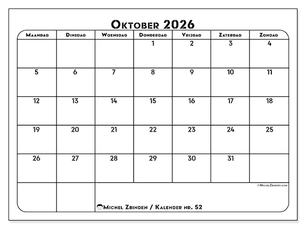 Kalender oktober 2026 om af te drukken - Professionele organisatie